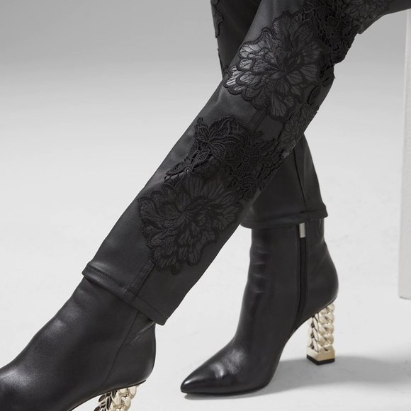 WHBM NWT $150 High-Rise Coated Denim & Lace Slim Jeans Black - Picture 1 of 9